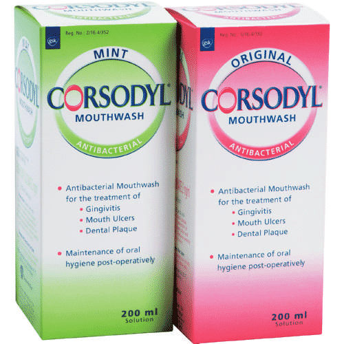corsodyl solution for mouthwash, bottle with measuring cap of 200 ml